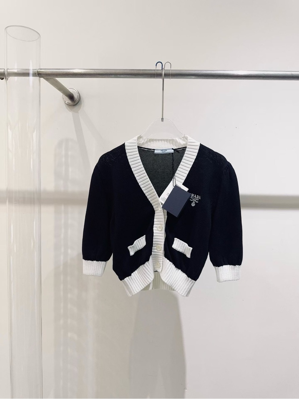 Prada Black and White Rib-Trim Knit Cardigan